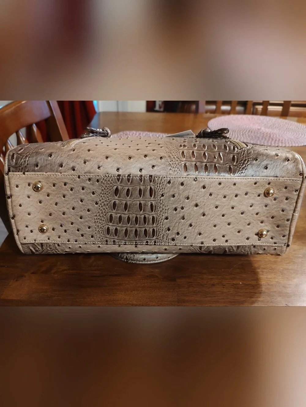 Cato Taupe Faux-Ostrich Dome Satchel with Gold Accents